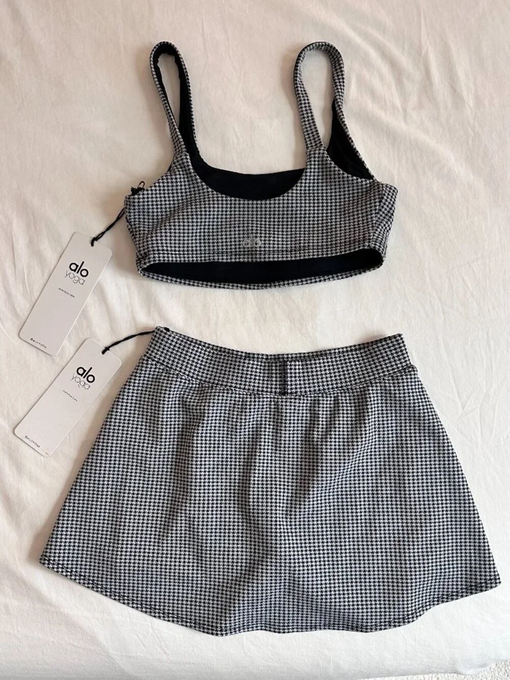 ALO Yoga | Micro Houndstooth Bra Top & Tennis Skirt 2 Piece Set